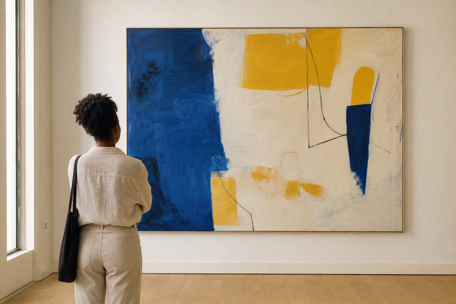 Bezoeker bekijkt aandachtig een groot blauw-geel abstract schilderij in een lichte museumzaal