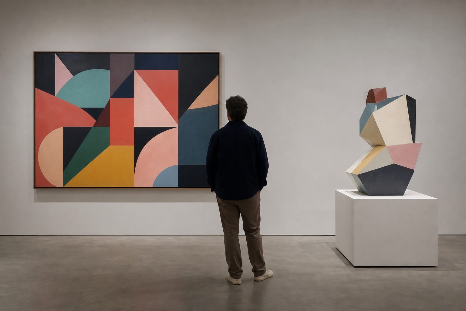Museumbezoeker vergelijkt een kleurrijk geometrisch schilderij met een abstracte sculptuur