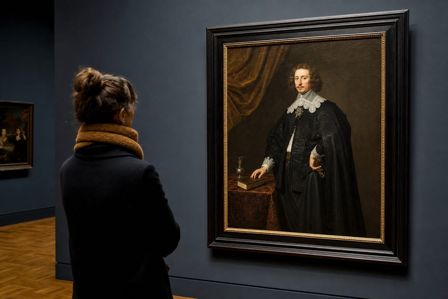 Museumbezoeker bestudeert een fictief zeventiende-eeuws portret met boek en tafelobject