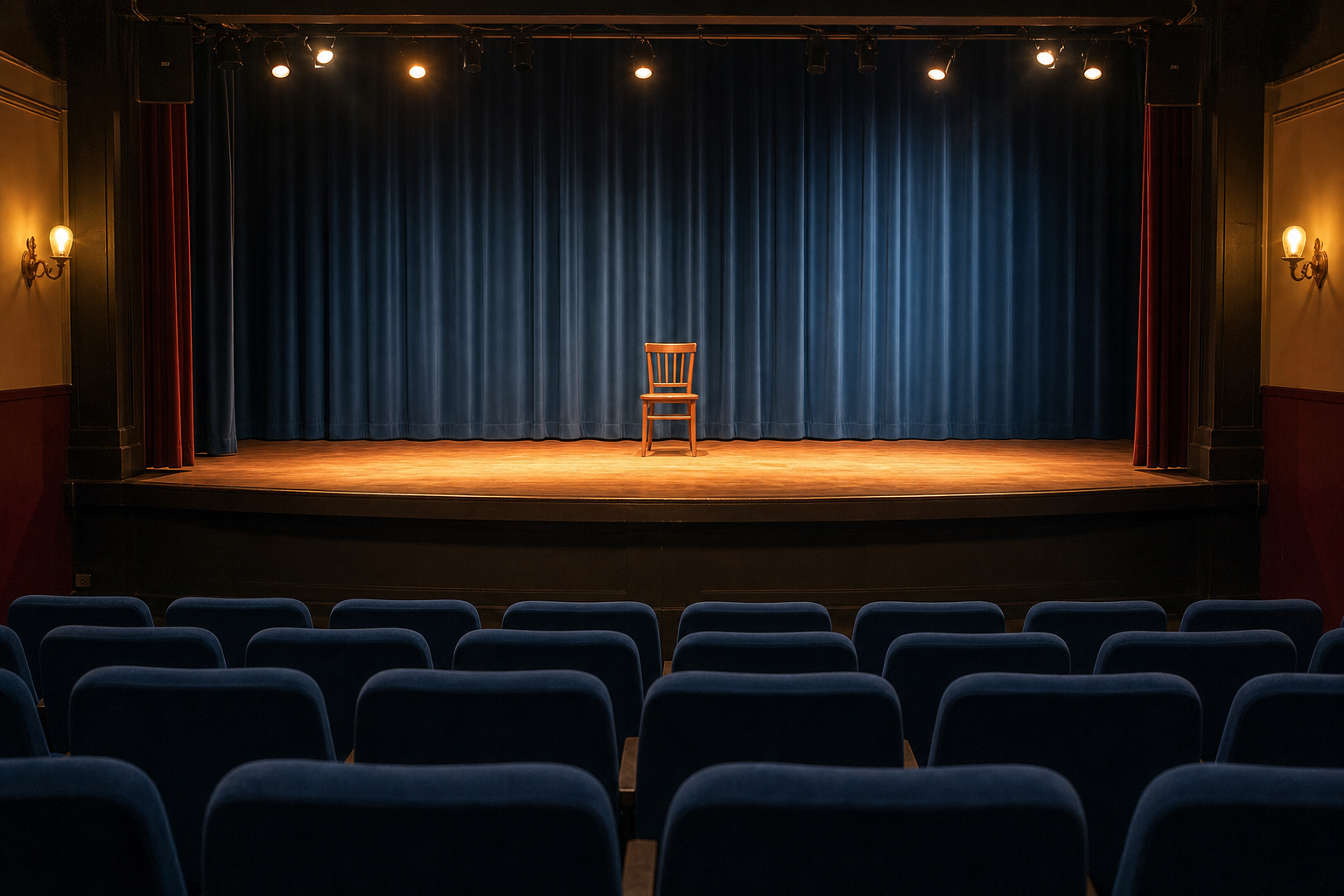 Leeg theater met blauwe stoelen, een gesloten blauw gordijn en een houten stoel in warm geel licht